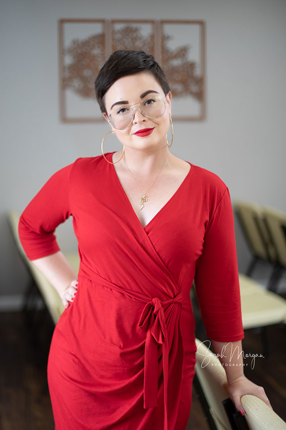 On-location headshot of beautiful San Diego mortician in their chapel